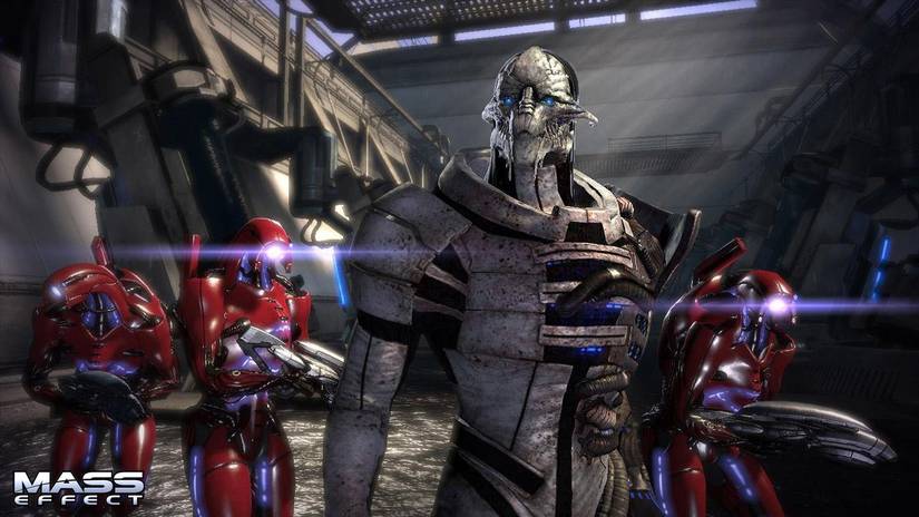 Saren and various Geth soldiers in a screenshot from the remastered version of Mass Effect.