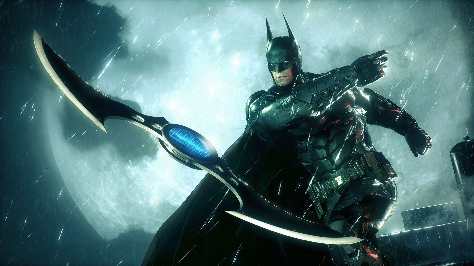 Batman, backlit by a full moon, whips a batarang into the frame