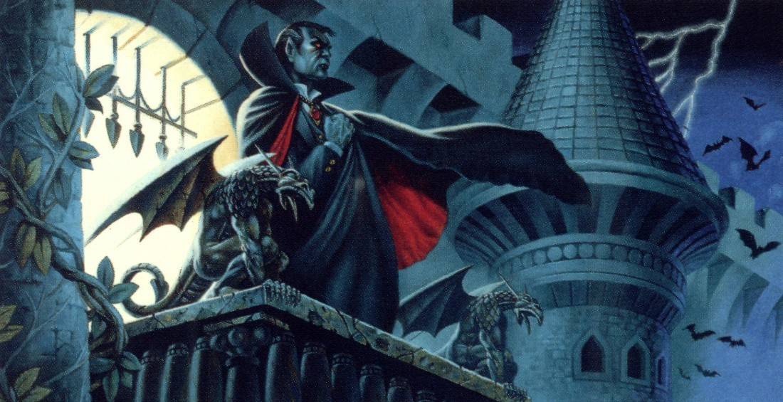 An illustration of Strahd von Zarovich among the towers of Castle Ravenloft