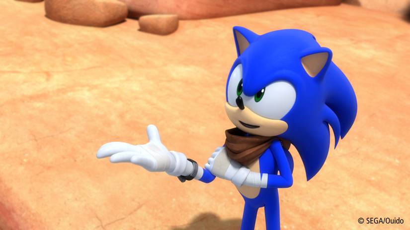 Sonic the blue talking hedgehog looks curiously in this Sonic Boom screenshot