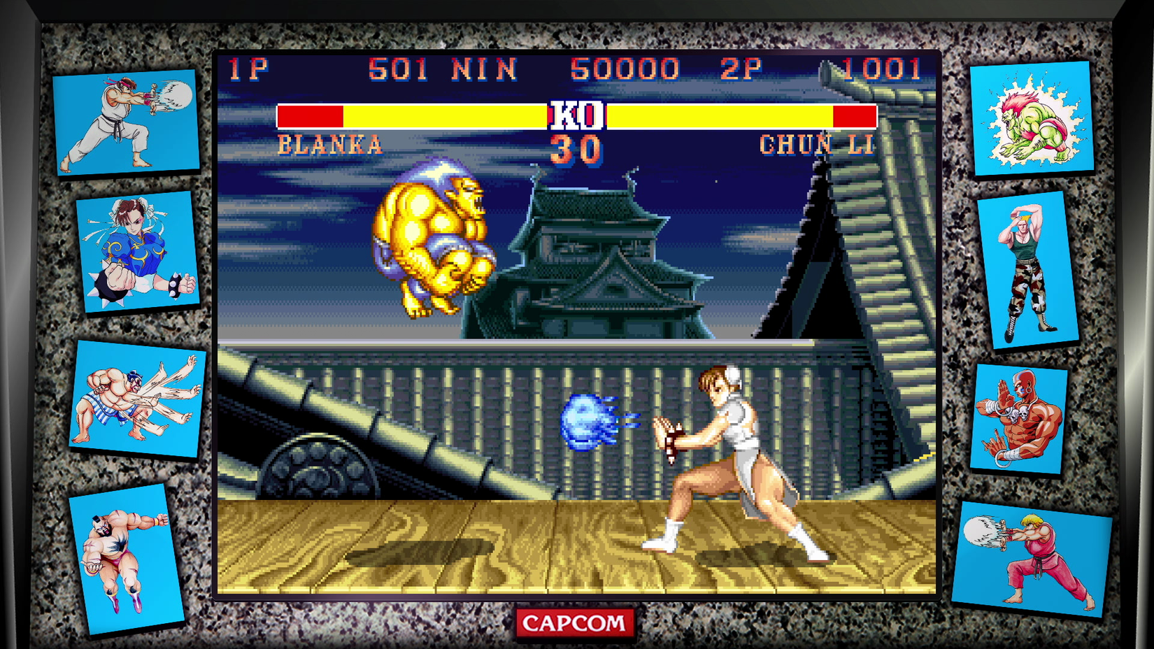 Chun-Li and Blanka fight in a screenshot from Street Fighter 2