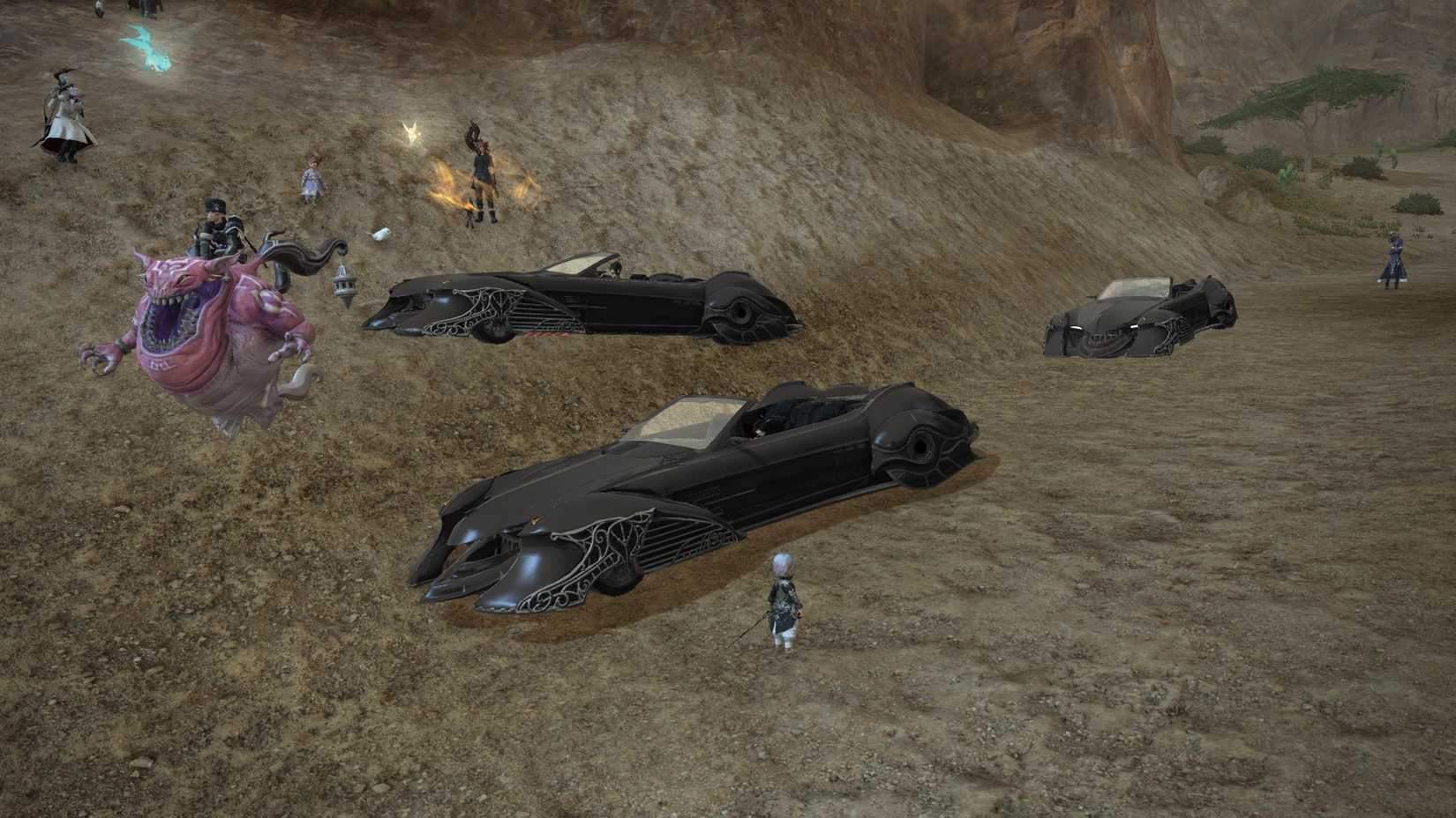 Three players sit in the new Regalia mount in Final Fantasy 14