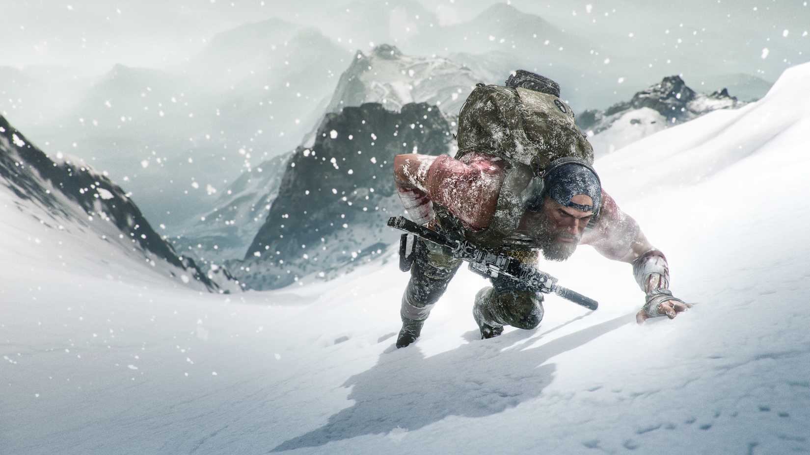 Soldier struggles up a snowy mountainside in Ghost Recon Breakpoint