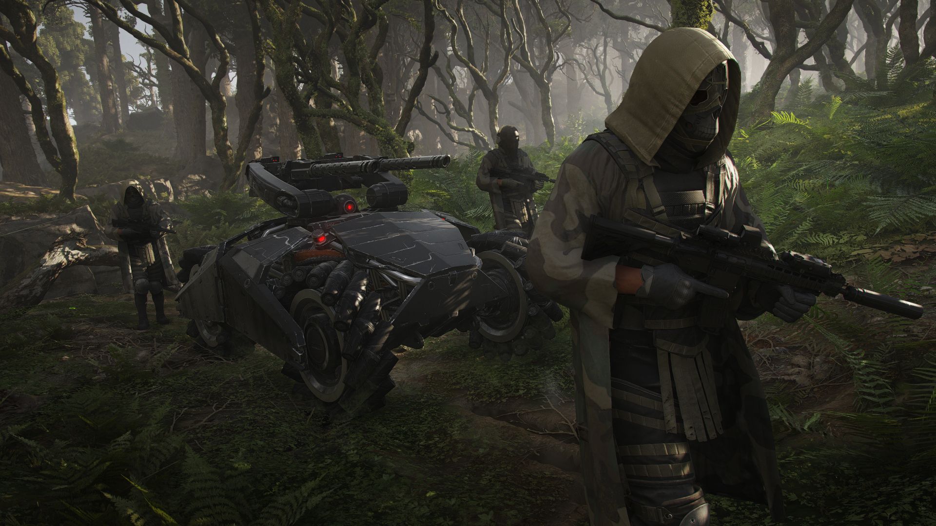 Ghost Recon: Breakpoint enemies walk through the forest with a robot tank behind them.