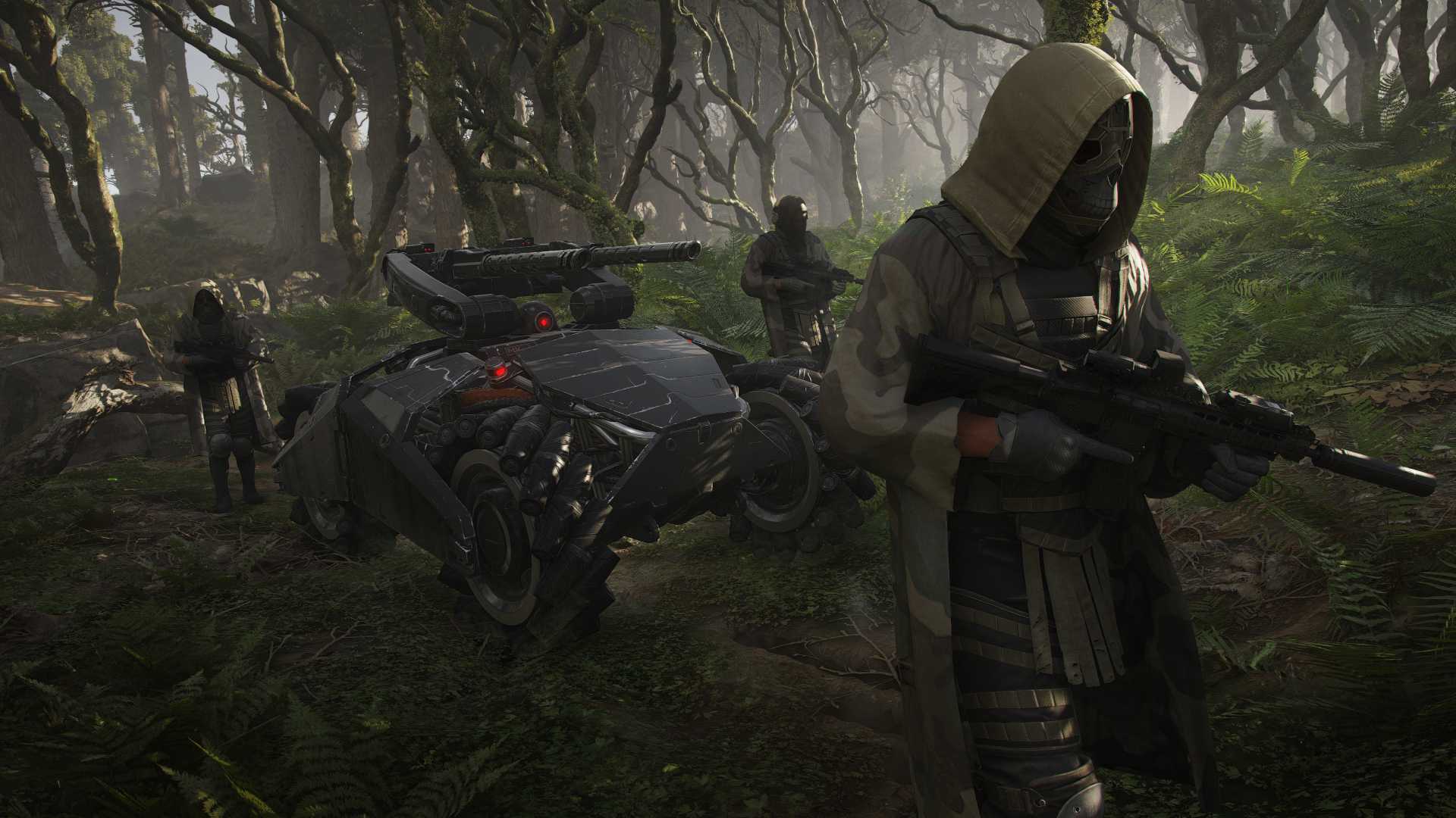 Ghost Recon: Breakpoint enemies walk through the forest with a robot tank behind them.