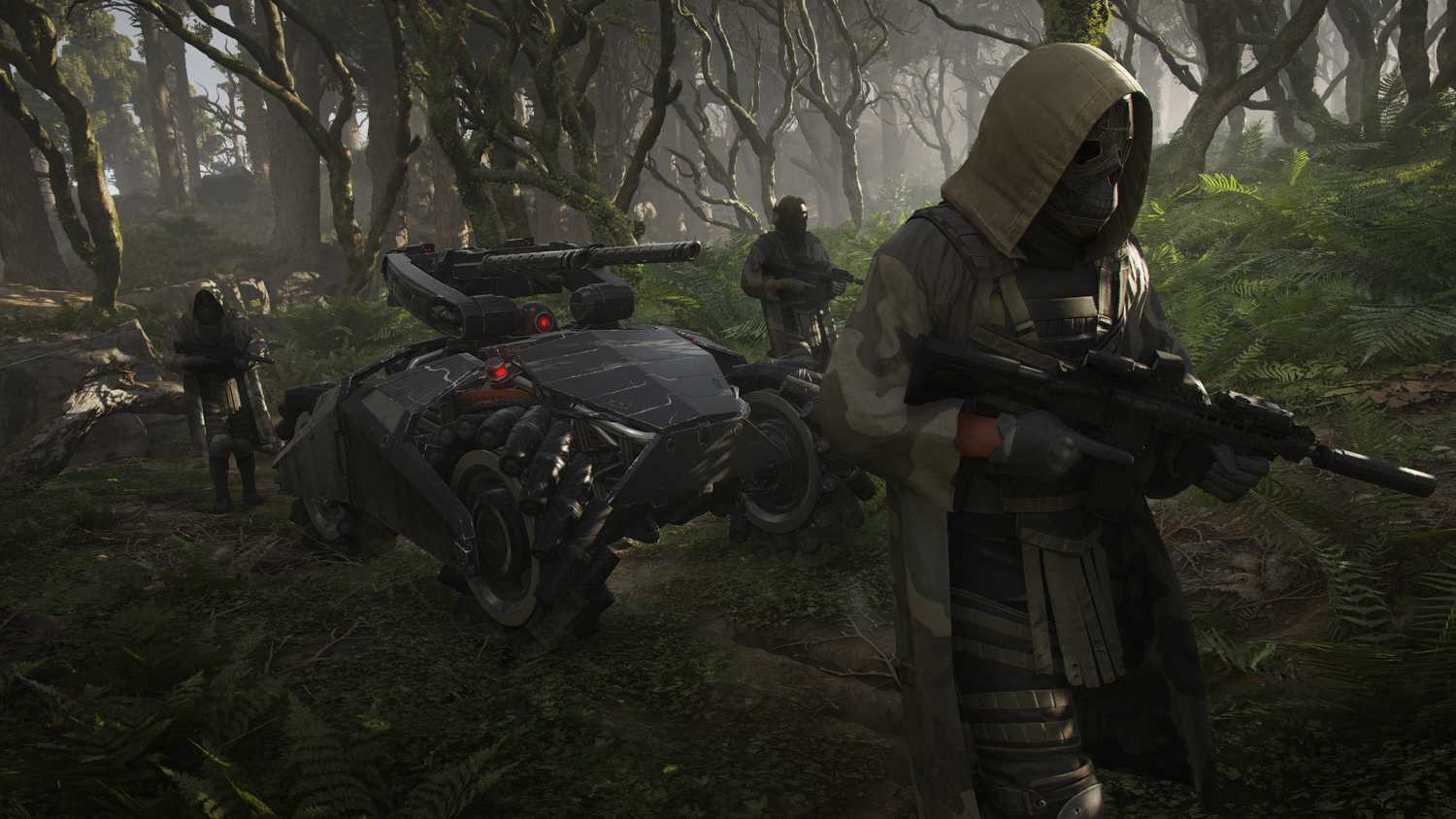 Ghost Recon: Breakpoint enemies walk through the forest with a robot tank behind them.