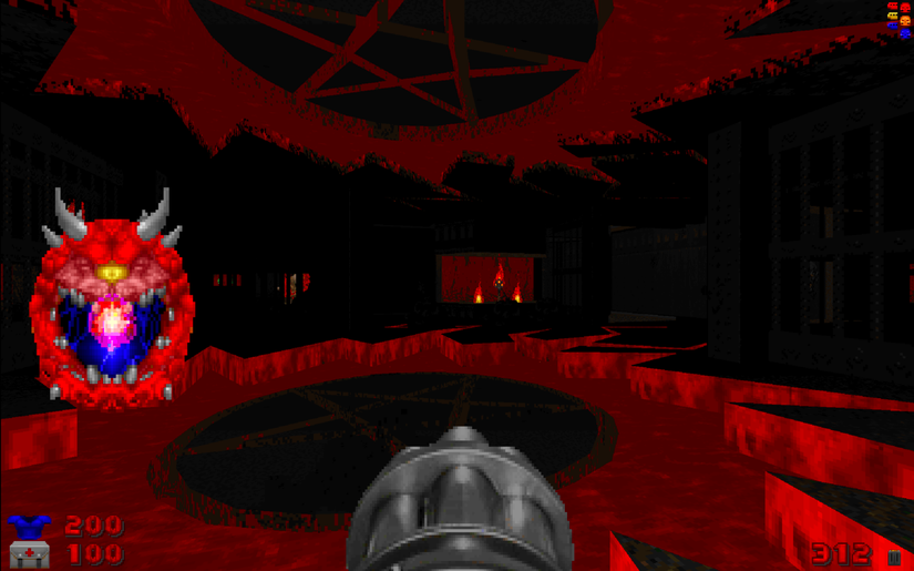 Screenshot of a cacodaemon in John Romeros “Sigil,” a mod for 1993’s Doom.