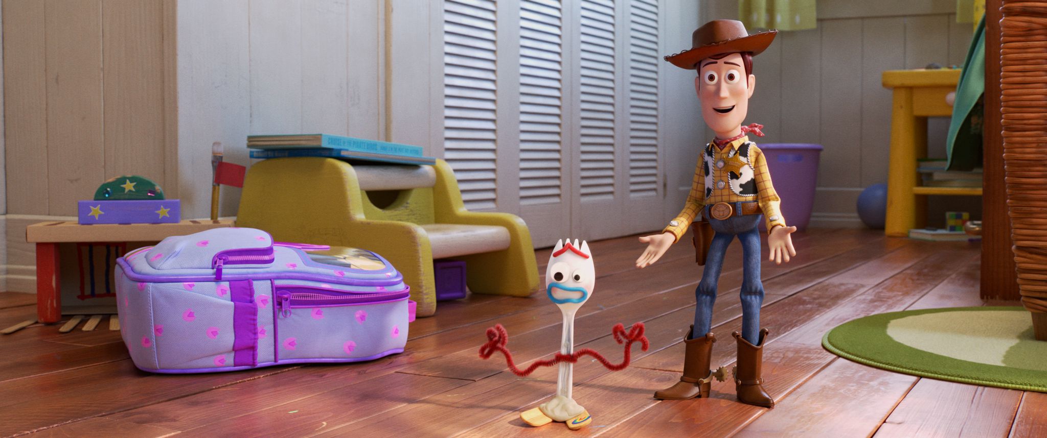 Woody and Forky walking along the road