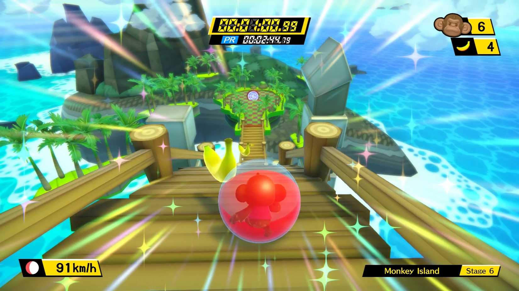 A monkey in a ball rolls down a wooden platform in a screenshot from Super Monkey Ball: Banana Blitz HD