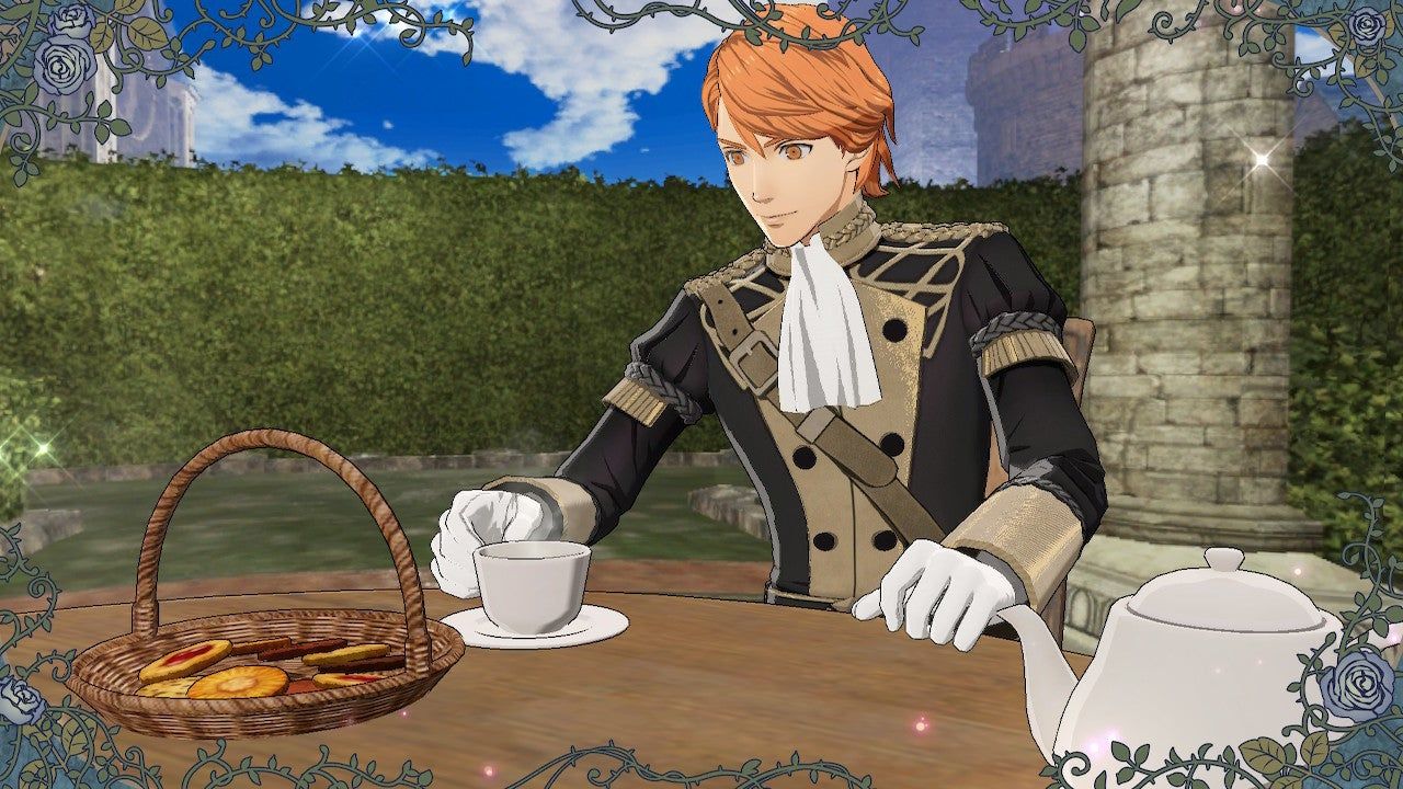 A redhead man in a fancy uniform sips tea in Fire Emblem: Three Houses