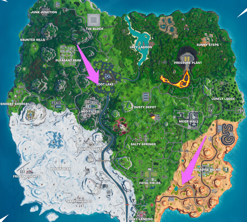 Fortnite cube map locations in a desert a lake