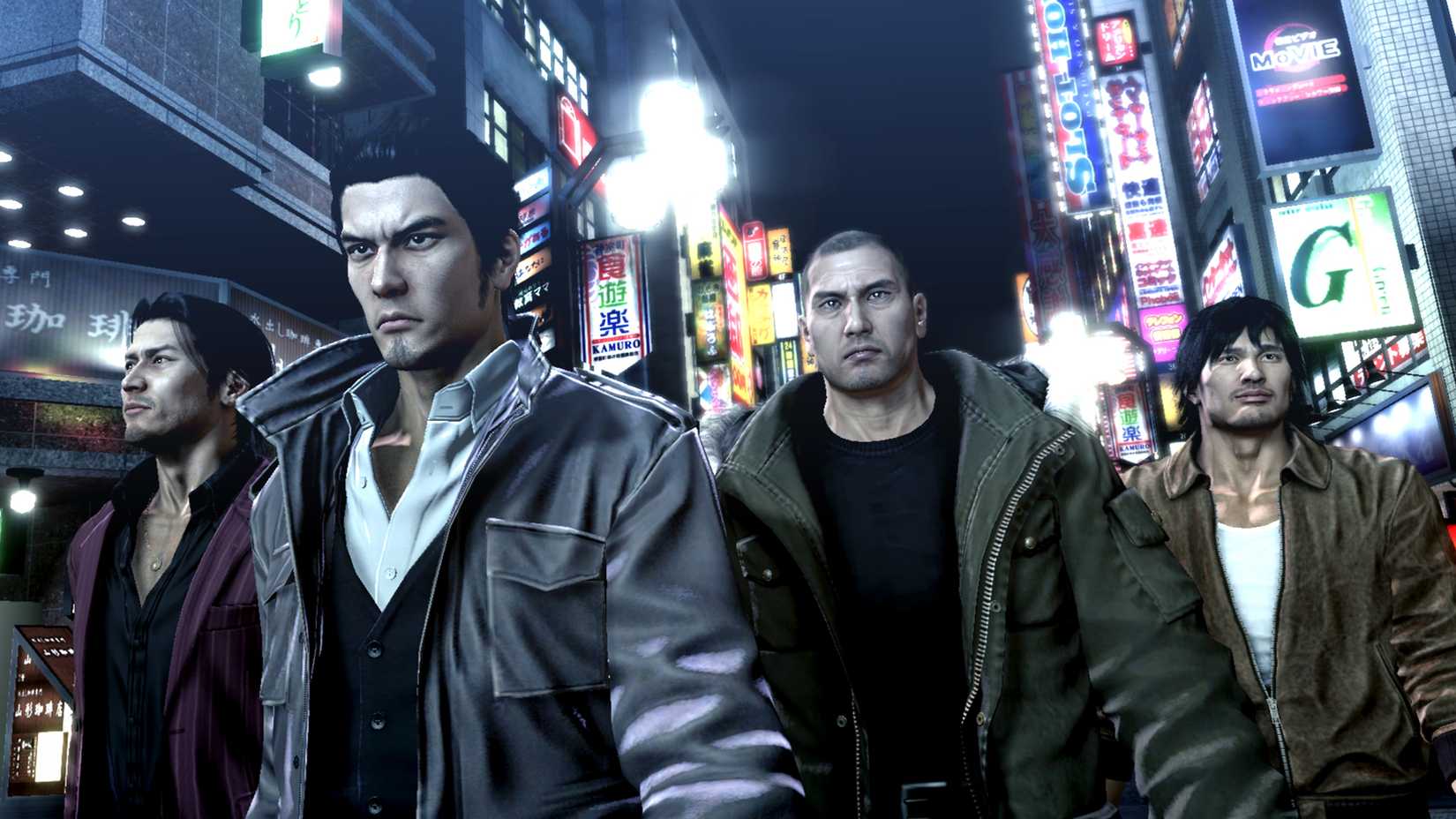 Kiryu and friends walk through a city street at night in a screenshot from the Yakuza 5 remaster