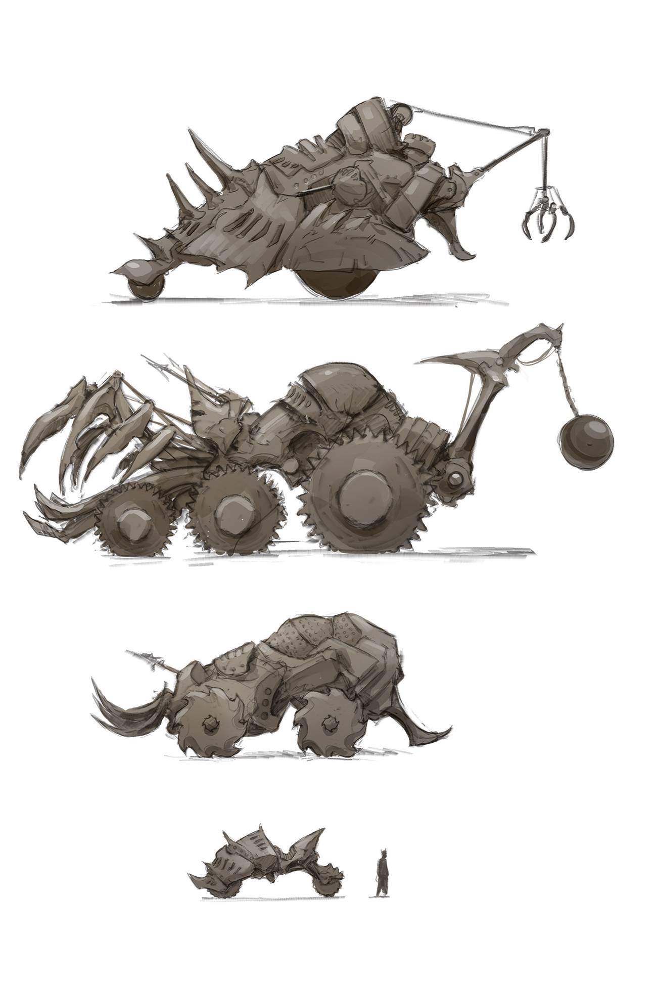 Four Infernal War Machines rendered in muted gray colors and simple line drawings from Baldur’s Gate: Descent Into Avernus. Each one is bristling with spikes and harpoons. One has a wrecking ball, and another a wicked-looking claw.