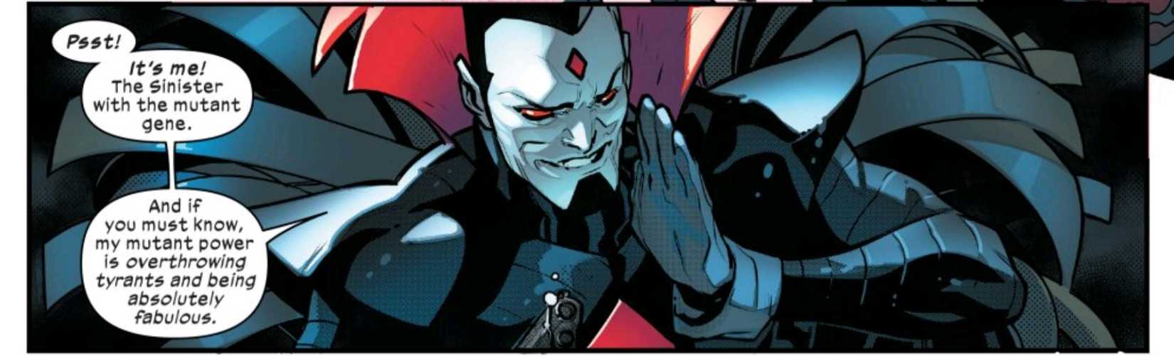 A caped Mister Sinister reassures Magneto and Professor X that he is the main Sinister, the one with a mutant gene, in Powers of X #4, Marvel Comics (2019). 
