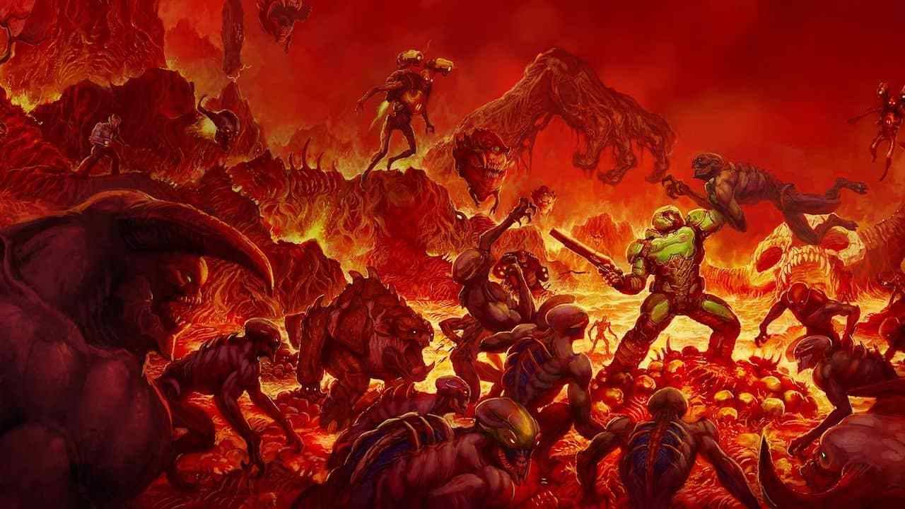 DOOM (2016)’s key art, showing the protagonist mowing through an army of demons.