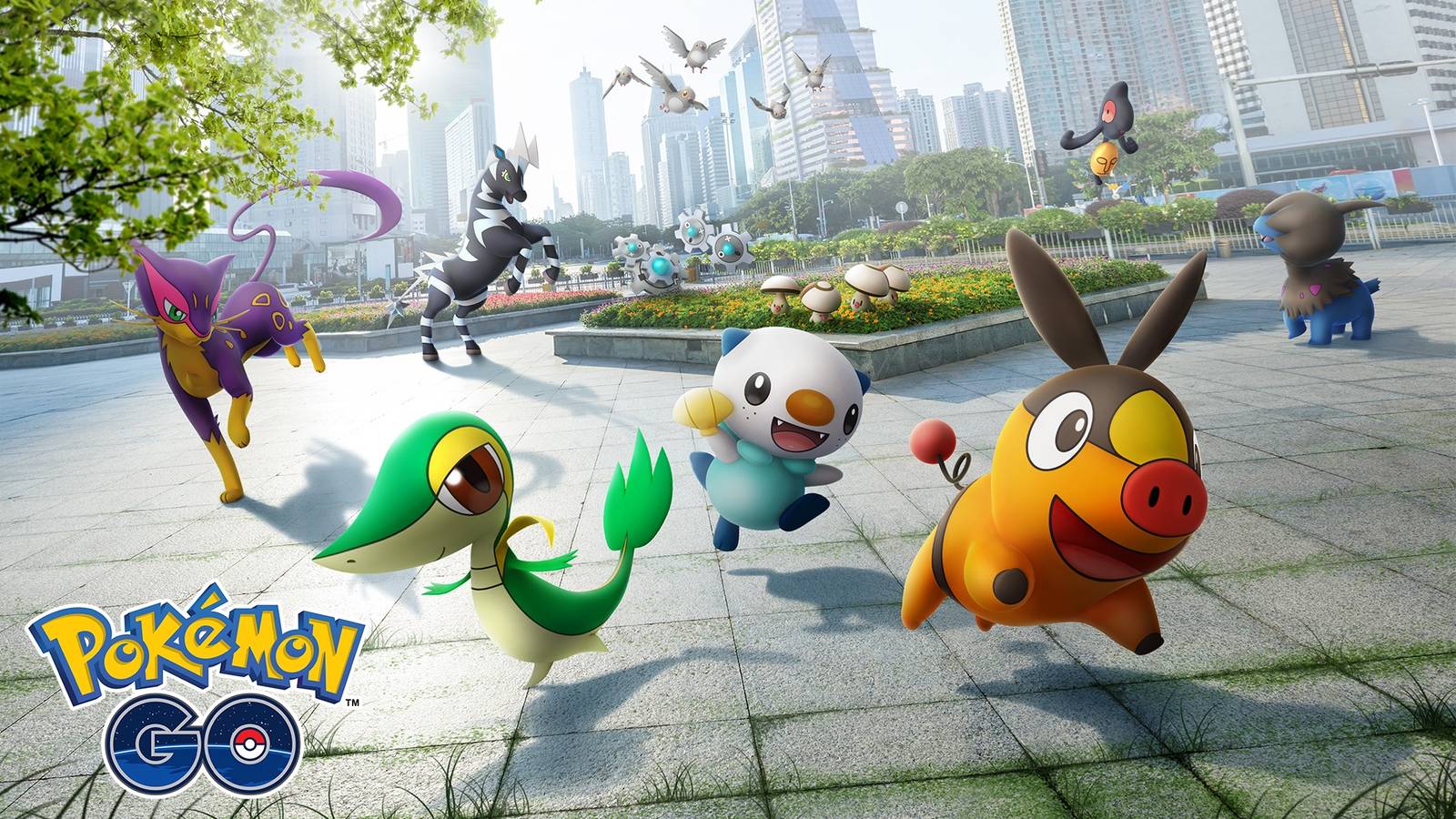 Artwork of Gen 5 Unova Pokémon, including Snivy, Tepig, and Oshawott, appearing in a park setting.