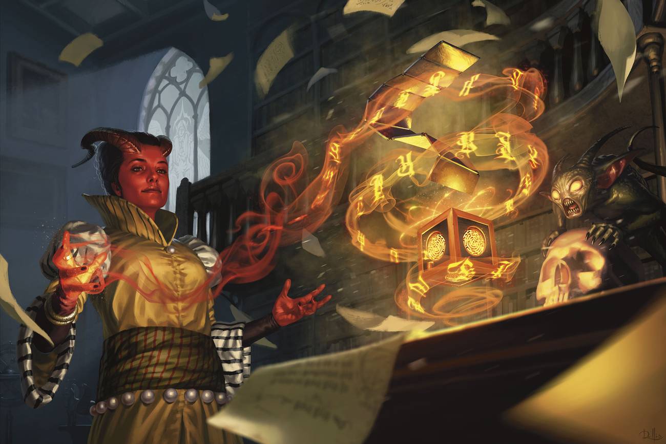 The contents of Thavius Kreeg’s mysterious puzzle box are revealed. A tiefling casts a spell on the small, gilded item while a demon looks on. From Wizards of the Coast’s Baldur’s Gate: Descent Into Avernus.
