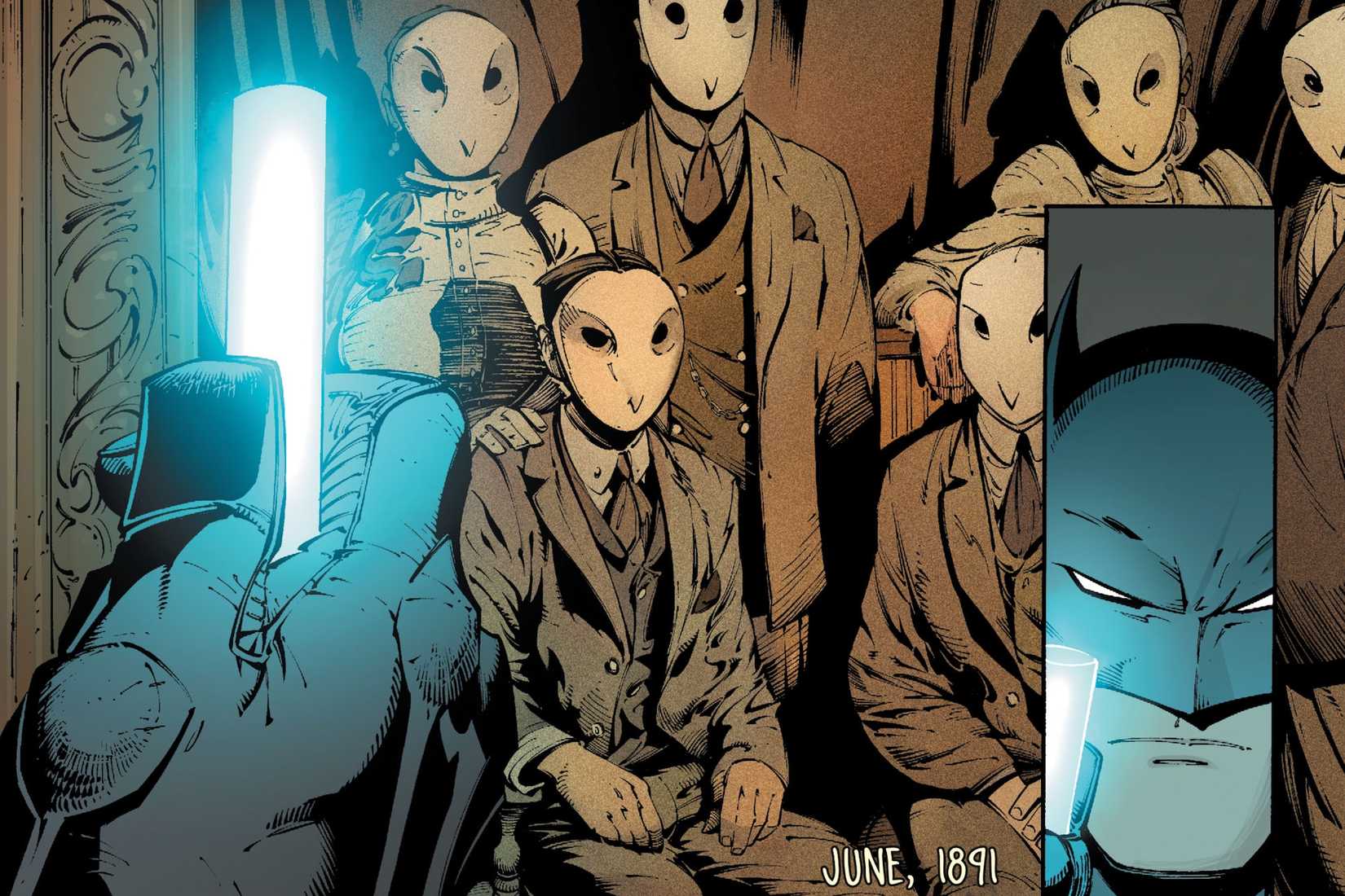 बैटमैन बैटमैन #3, डीसी कॉमिक्स (2011) में कोर्ट ऑफ द उल्लू के कोर्ट के कई सदस्यों के चित्र को दर्शाता है।