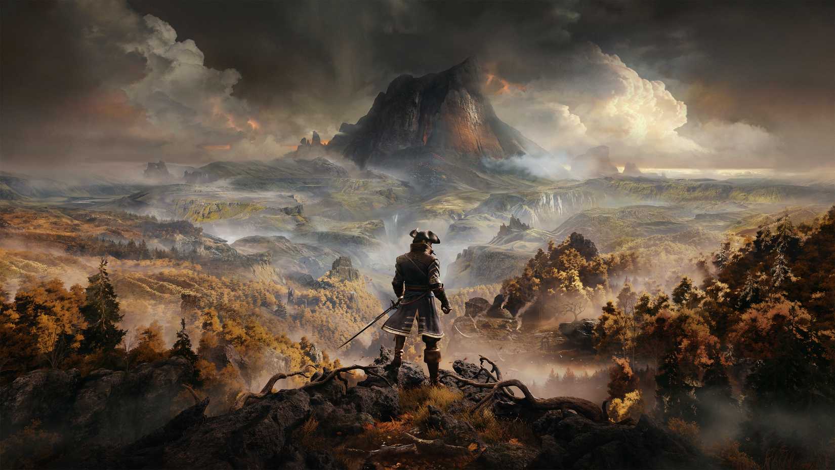 artwork from GreedFall of a man dressed in colonial-era garb, with a cutlass at his side, standing on a cliff with an autumnal vista and a mountain ahead of him