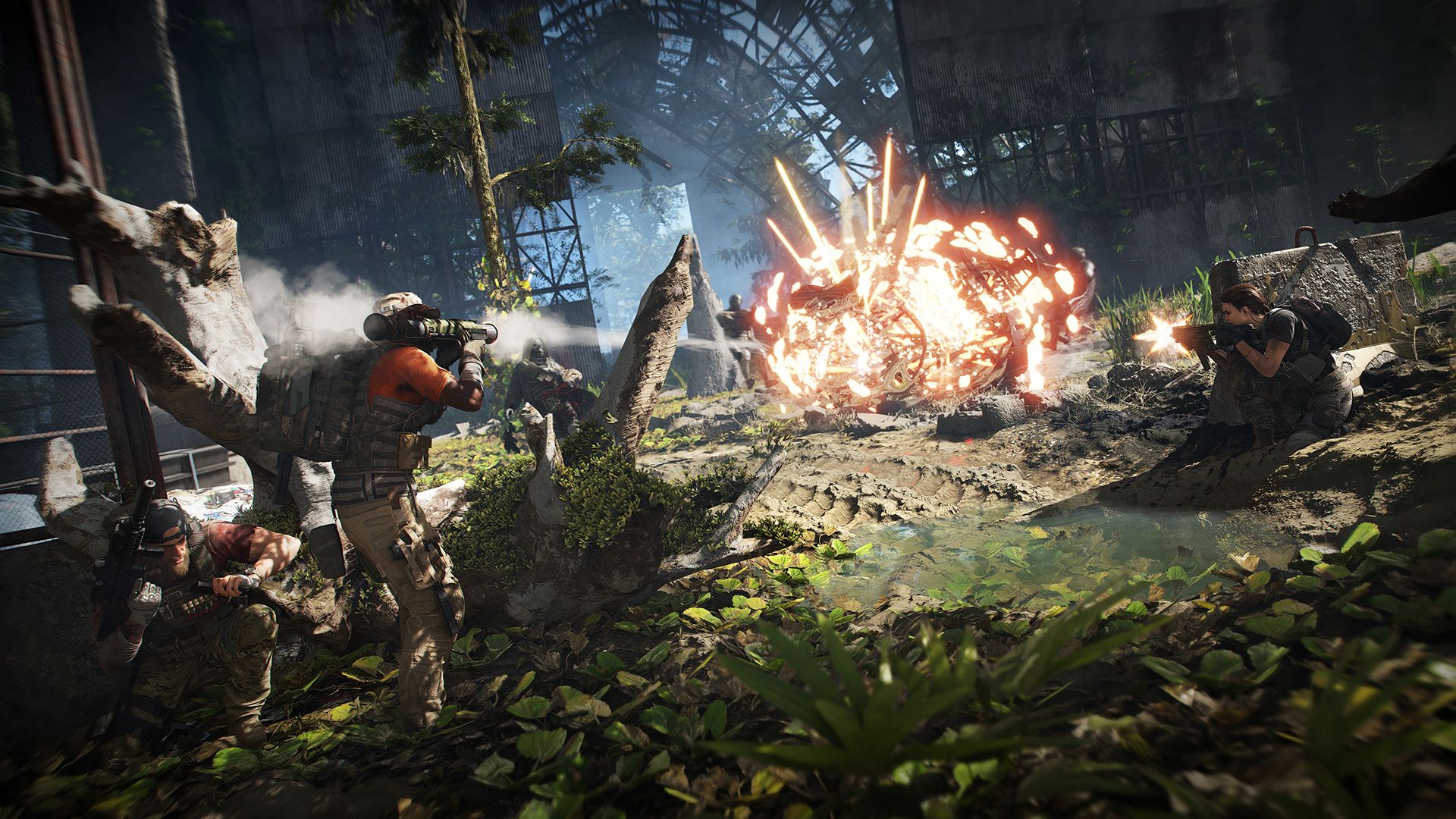 A player character files a missile, which explodes a vehicle, in a screenshot from Ghost Recon Breakpoint
