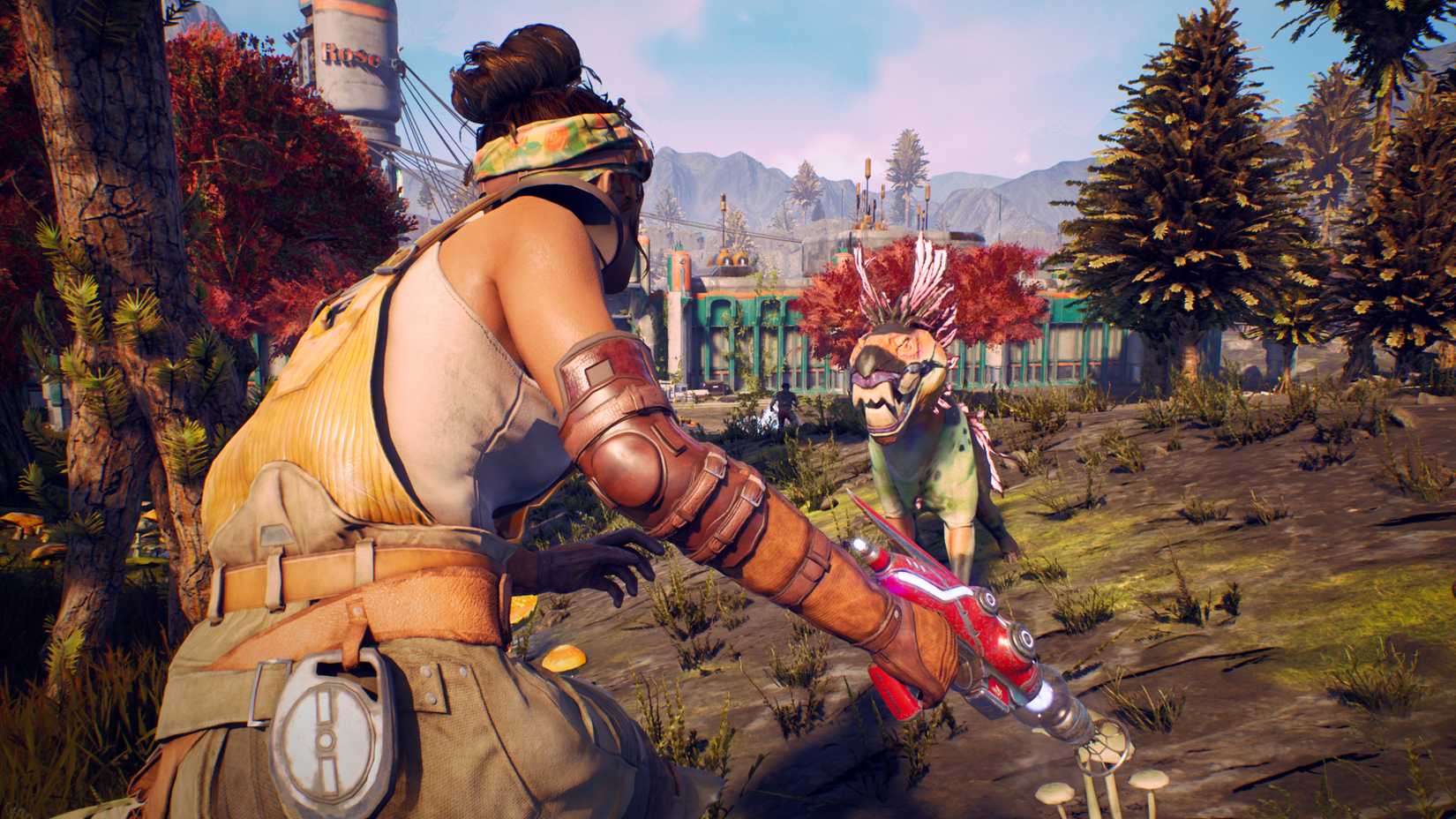Parvati squares up with an energy weapon against a beasty outside Edgewater.