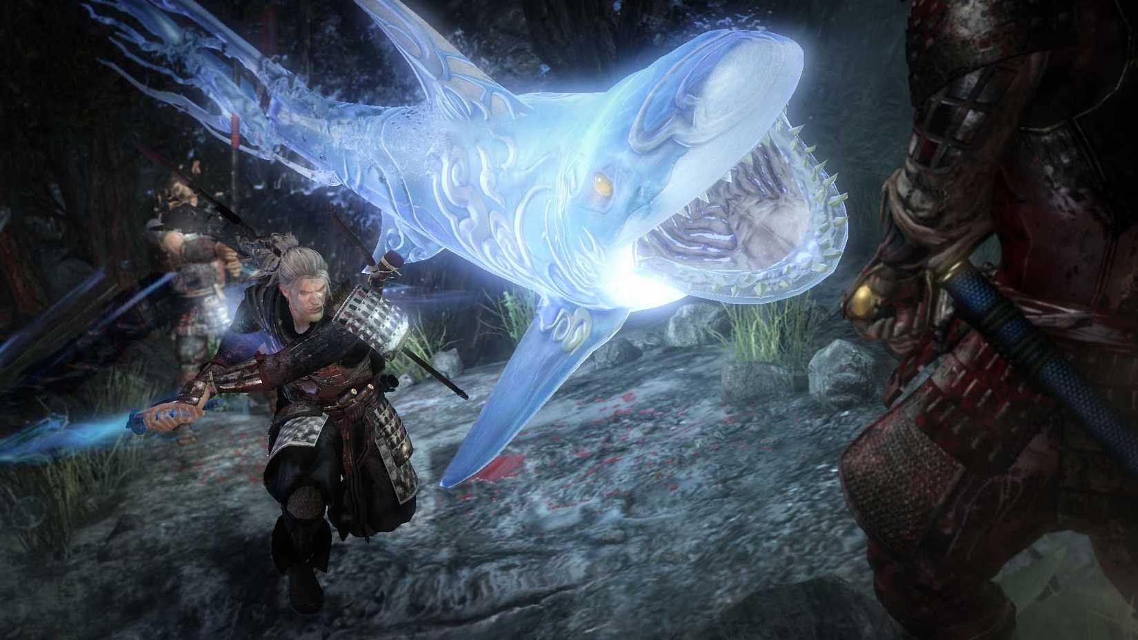 William throws a ghost shark at an enemy in a screenshot from Nioh