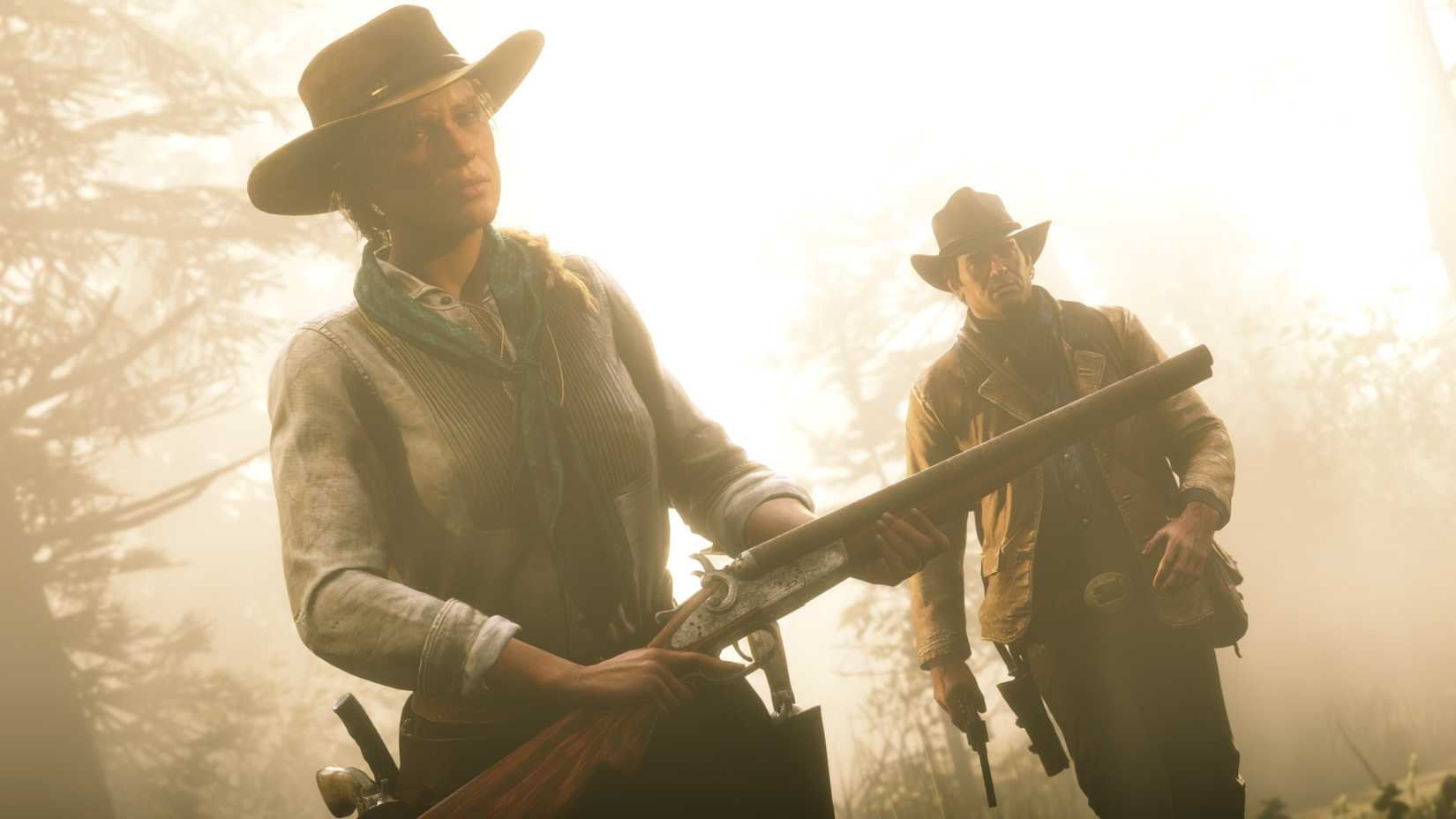 a woman and a man, both wearing cowboy hats and holding guns, in Red Dead Redemption 2