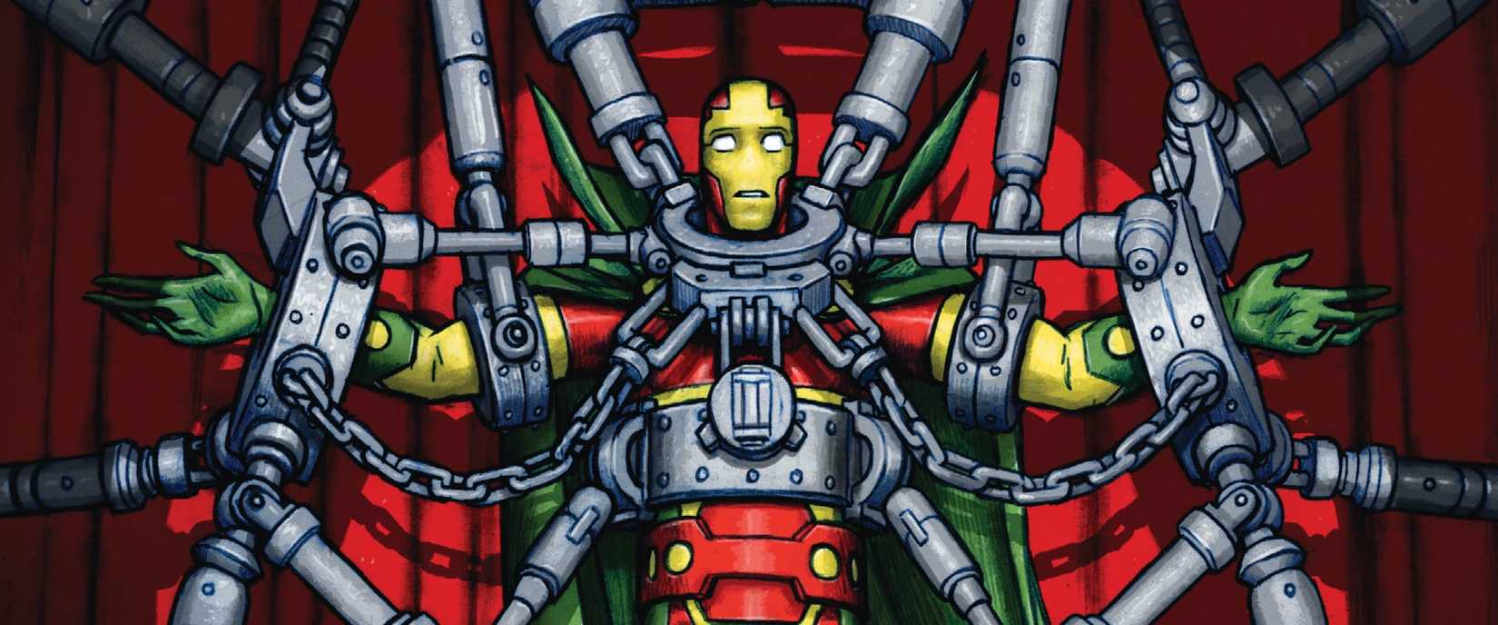 Scott Free, Mister Miracle, is bound in heavy chains in front of a red theater curtain and under a bright spotlight. He has his arms out to his sides, and a lost expression on his face, on the cover of Mister Miracle #1, DC Comics (2017).