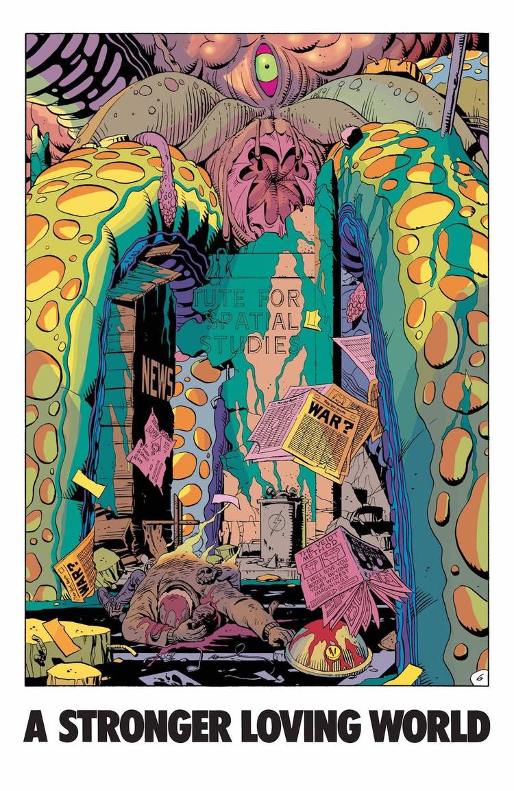 watchmen the alien squid monster hangs on new york city with the words “a stronger loving world” underneath the image