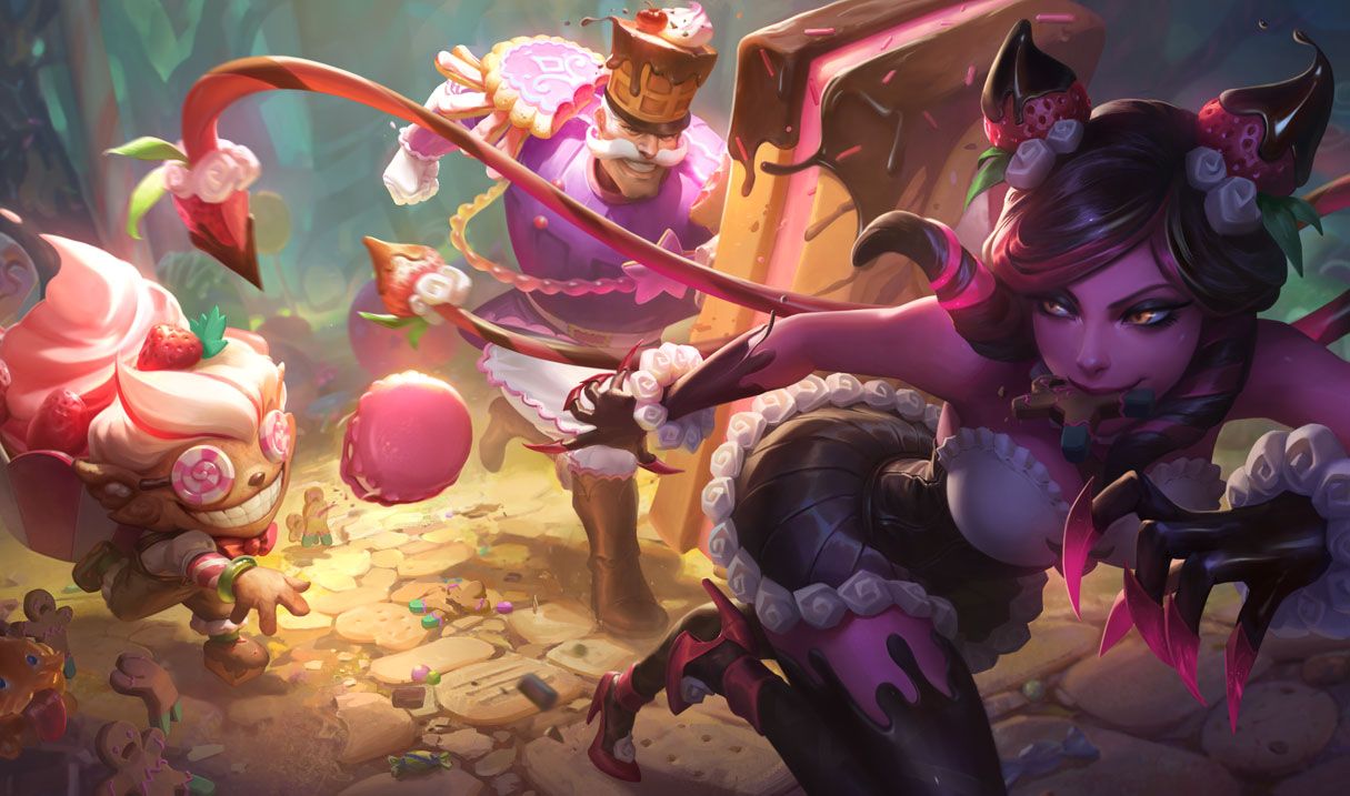 Sugar Rush Braum, Evelynn, Ziggs, and Zilean: models and splash art