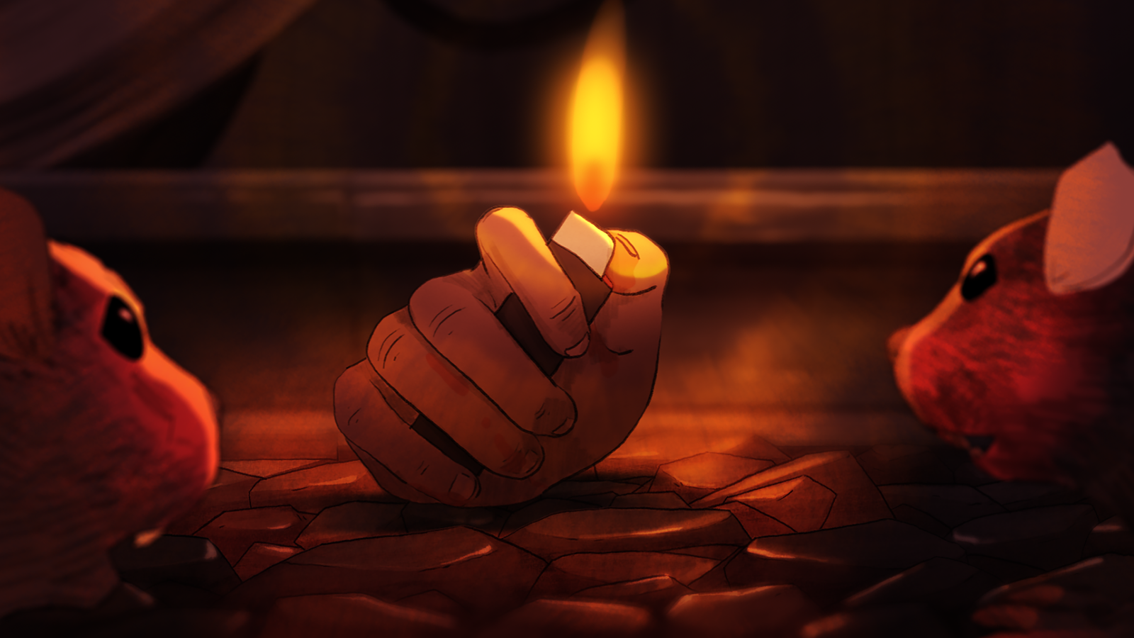 Animated still: a severed hand holds a lit lighter in a dim space as rats gather — from I Lost My Body