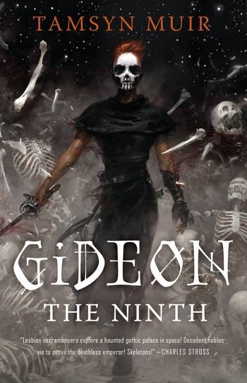 Gideon the Ninth by Tamsyn Muir has a skull man with a sword walking on the cover
