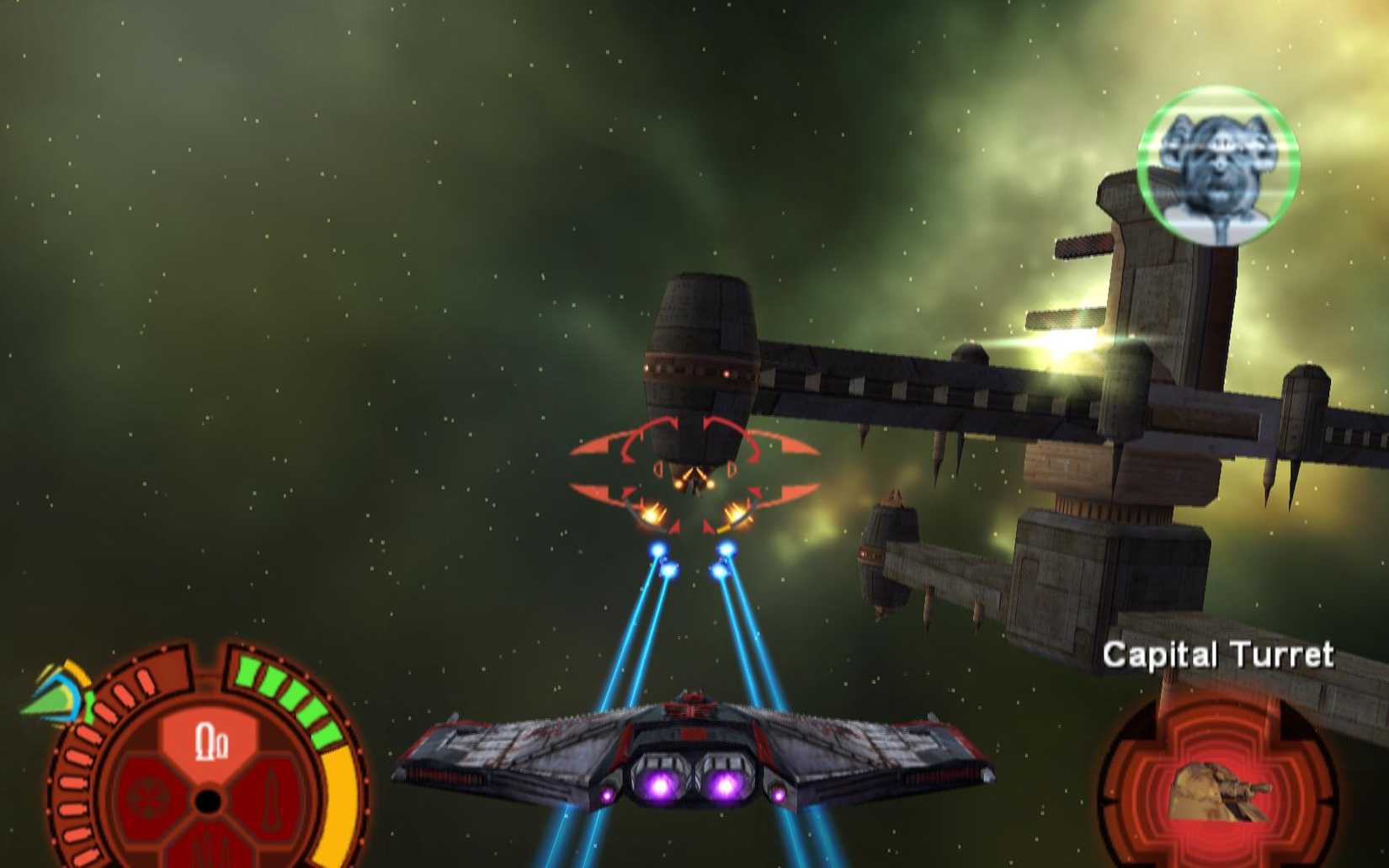 A Jedi Starfighter attacks a space station floating in a green nebula