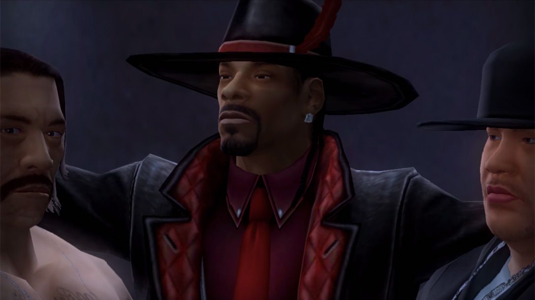 Snoop Dogg holds court with raised arms before a match in Def Jam: Fight for NY