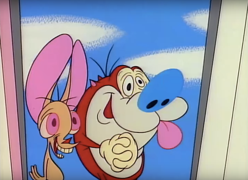 ren and stimpy stand in a doorway gushing