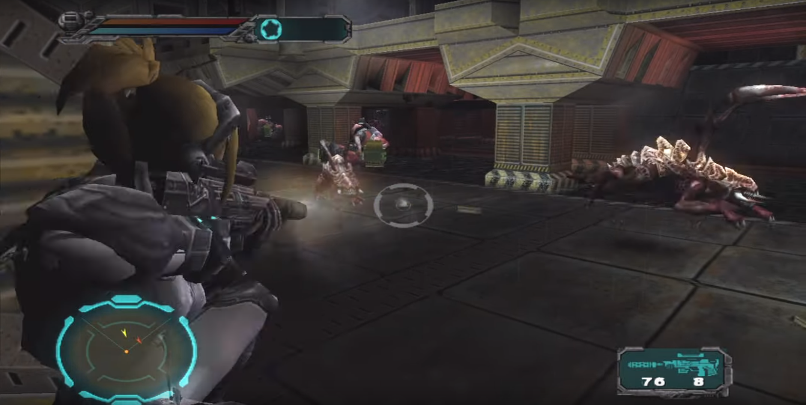 Screenshot of the canceled game StarCraft Ghost showing the player character aiming a rifle at an enemy