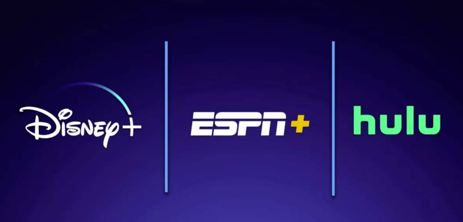 Side-by-side logos: Disney+, ESPN+, and Hulu