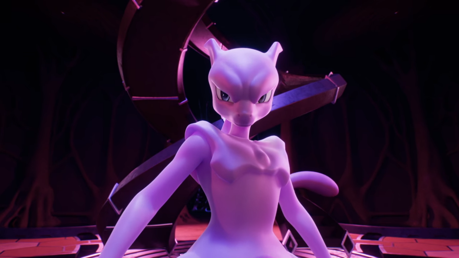 Mewtwo stands menacingly in front of a large spiral staircase