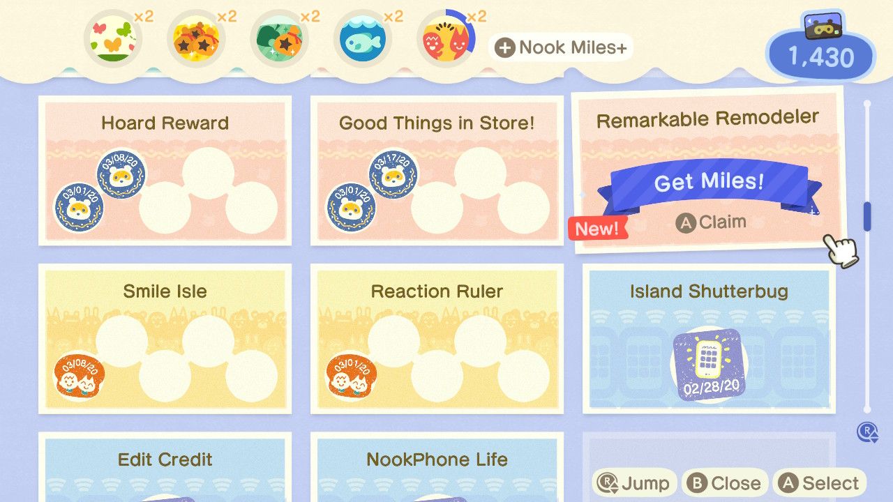A menu screen of many of the Nook Mileage tasks, most with stamps filled in