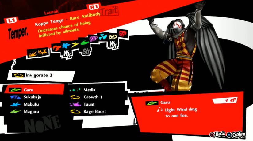 Persona 5 Royal’s new persona stat screen, which includes their new innate trait, as well as their skills.
