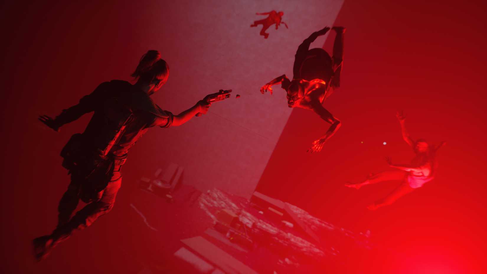 a woman floating in the air in a red room aims a gun at a monster in Control