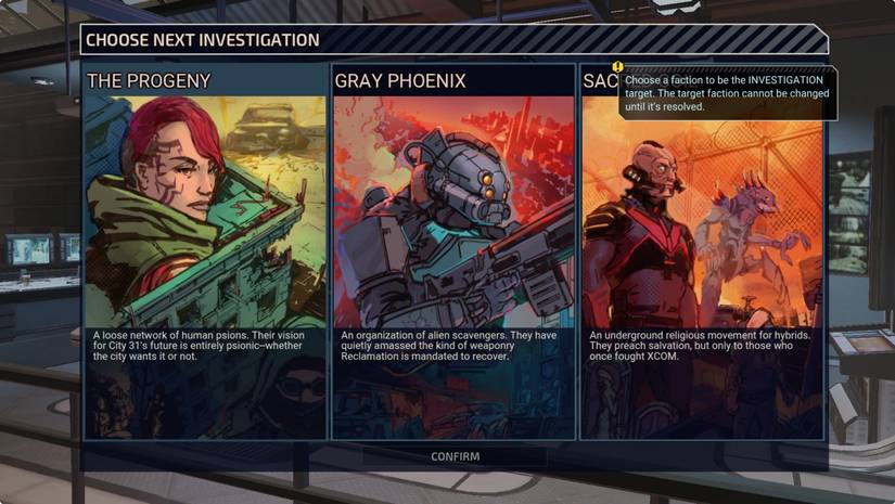 Choosing which of XCOM: Chimera Squad factions to investigate first