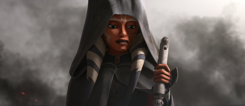 Ahsoka holds her lightsaber in the final episode of Star Wars: The Clone Wars