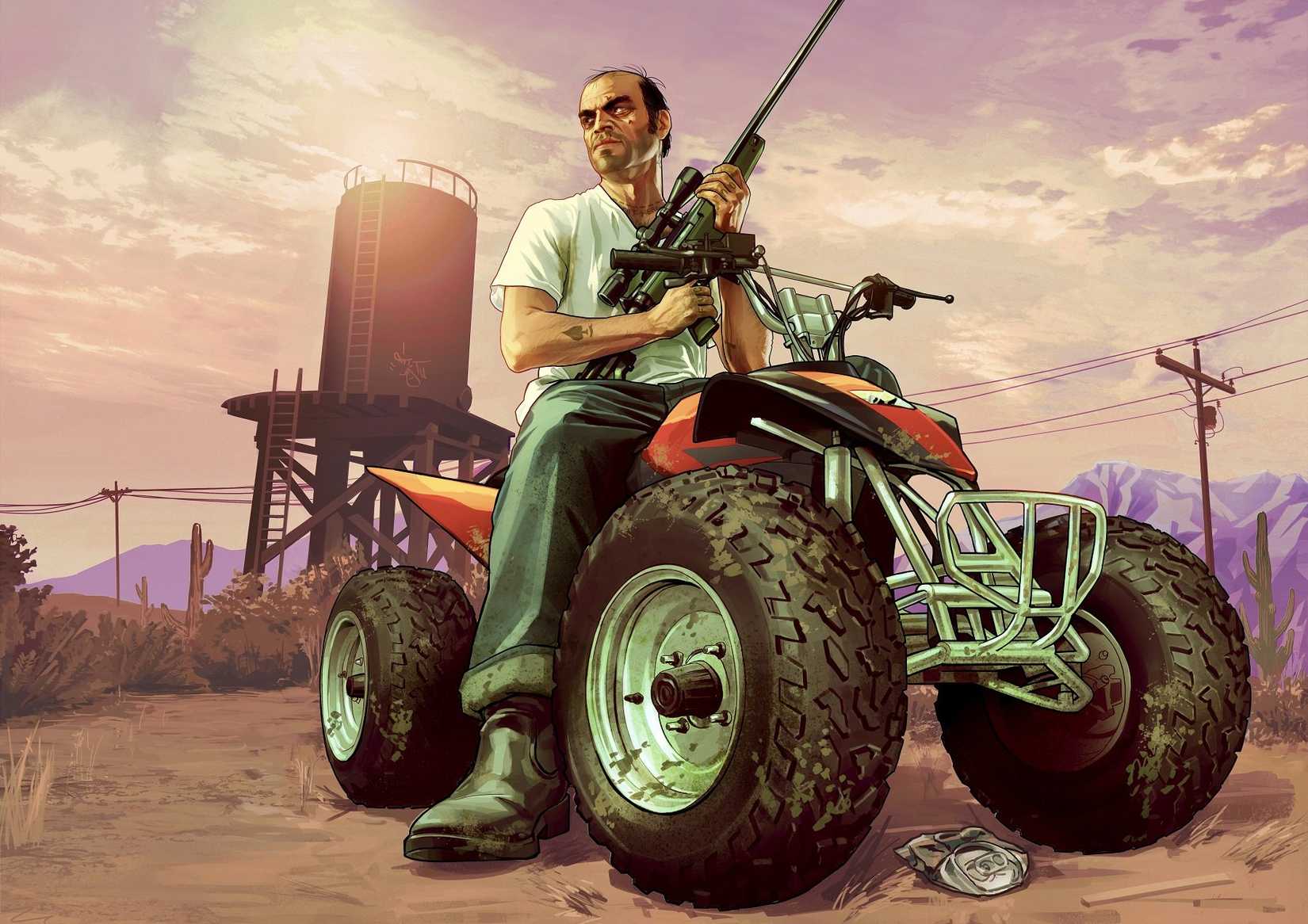 artwork of GTA 5’s Trevor sitting on an ATV while holding a gun