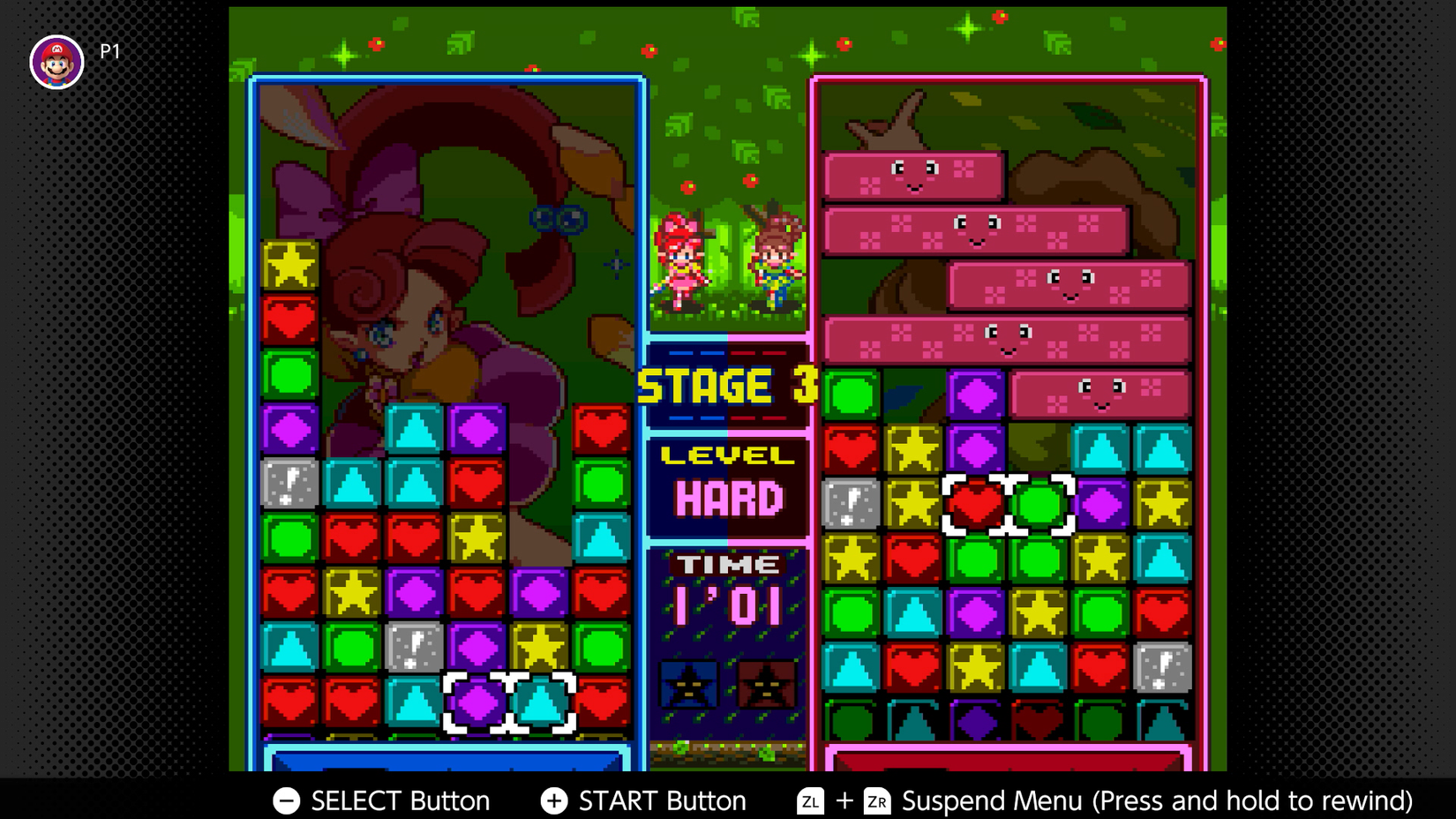 A screenshot of two-player Panel de Pon for Super NES