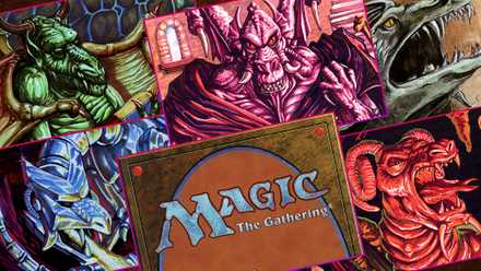 Graphic featuring five dragons from the collectible card game Magic: The Gathering