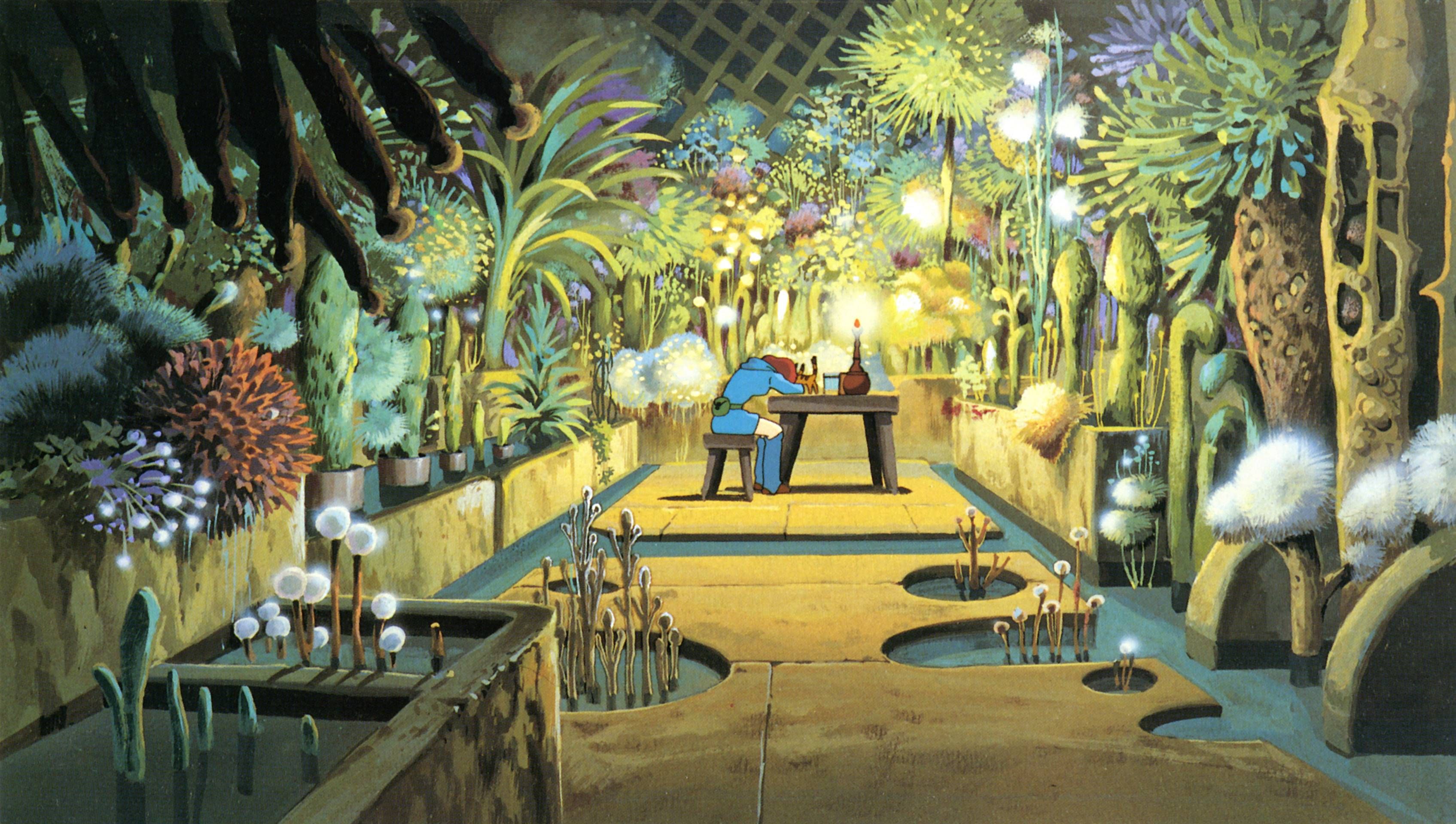 Nausicaä puts her head in her hands, alone in a room, in this scene from Nausicaä of the Valley of the Wind.