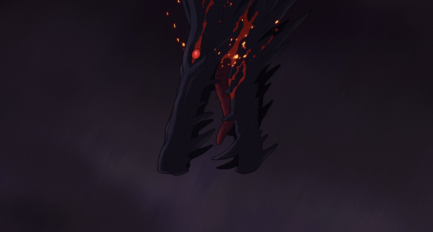 The head of a black dragon, eyes and mouth dripping red fluid, descends from a stormy sky in Studio Ghibli’s Tales from Earthsea
