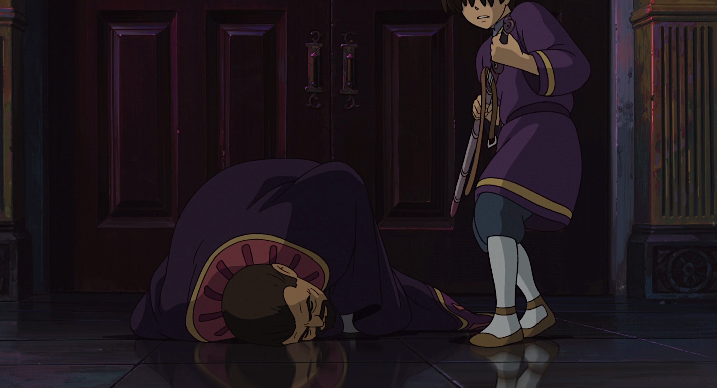 Young Arryn, having just fatally stabbed his father, clutches the sword he stole from the body in Studio Ghibli’s Tales from Earthsea