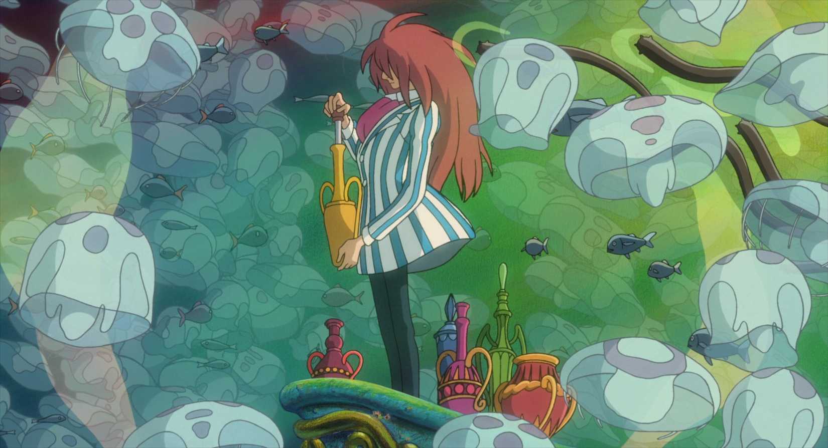 a wizard with long red hair bottles up some magic while underwater in ponyo